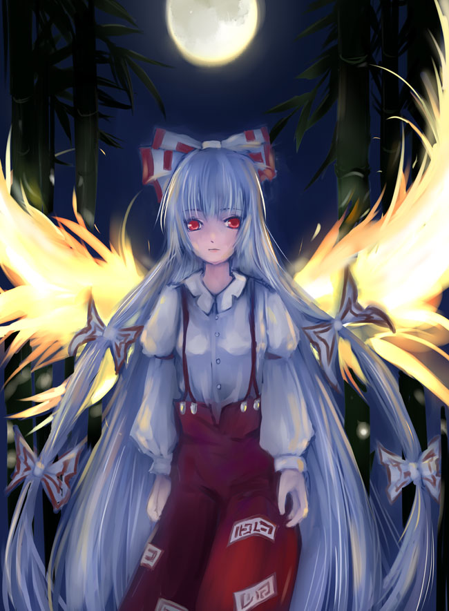 nishiura, fujiwara no mokou, touhou, bad id, bad pixiv id, 1girl, female focus, fiery wings, fire, long hair, moon, ribbon, solo, wings