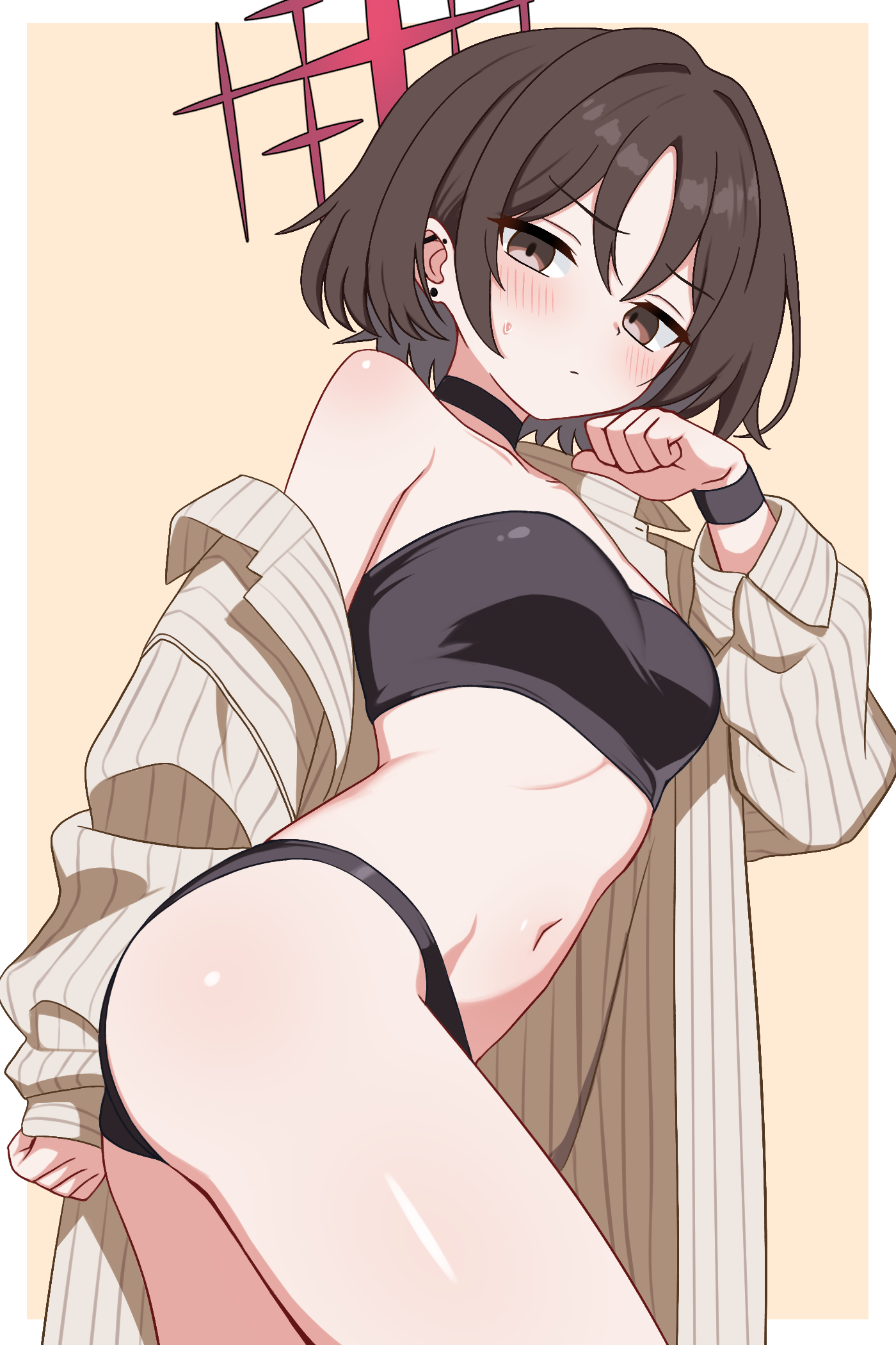 io9, misaki (blue archive), misaki (swimsuit) (blue archive), blue archive, highres, 1girl, bikini, black bikini, blush, breasts, brown eyes, brown hair, choker, ear piercing, halo, looking at viewer, off shoulder, official alternate costume, piercing, red halo, shirt, short hair, simple background, solo, swimsuit, wristband