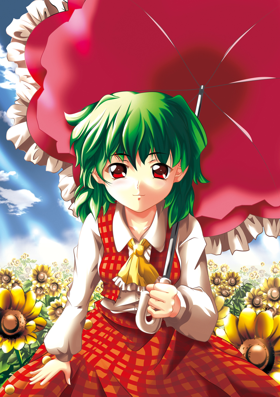 murasaki natsu, zixia (msl), kazami yuuka, touhou, highres, 1girl, ascot, female focus, field, flower, flower field, green hair, light smile, looking at viewer, parasol, plaid clothes, plaid skirt, plaid vest, red eyes, short hair, skirt, skirt set, solo, sunflower, sunflower field, umbrella, vest