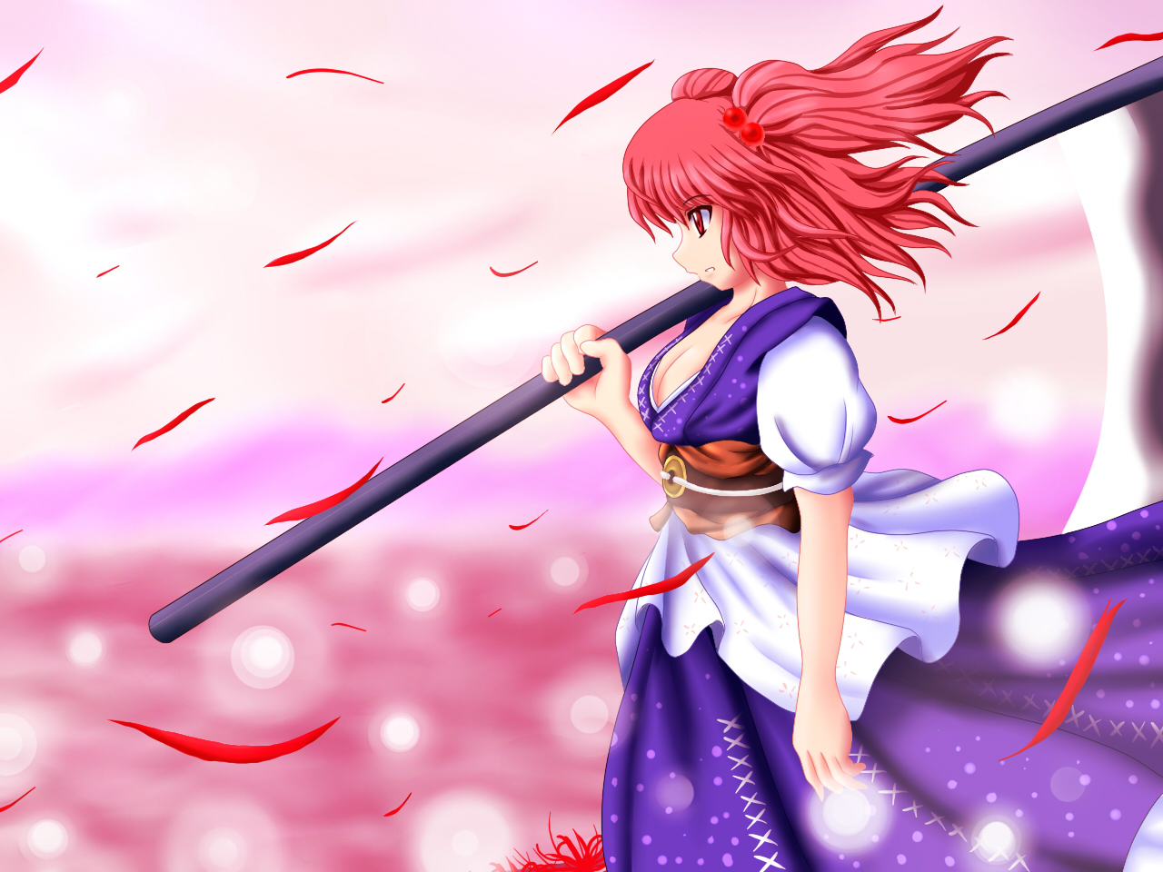 hidechuu, onozuka komachi, touhou, bad id, bad pixiv id, 1girl, breasts, cleavage, dress, female focus, medium breasts, nature, outdoors, plant, red hair, scythe, short hair, sky, solo