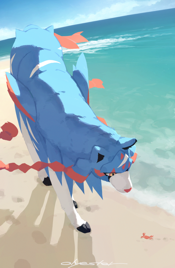 olyester, zacian, zacian (hero), nintendo, pokemon, beach, blue fur, day, gen 8 pokemon, legendary pokemon, no humans, outdoors, pokemon (creature), sand, signature, solo, two-tone fur, water, white fur