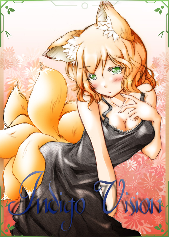 kemu inu, yakumo ran, touhou, 1girl, animal ears, blonde hair, breasts, cleavage, dress, female focus, fox ears, fox tail, green eyes, multiple tails, short hair, solo, tail