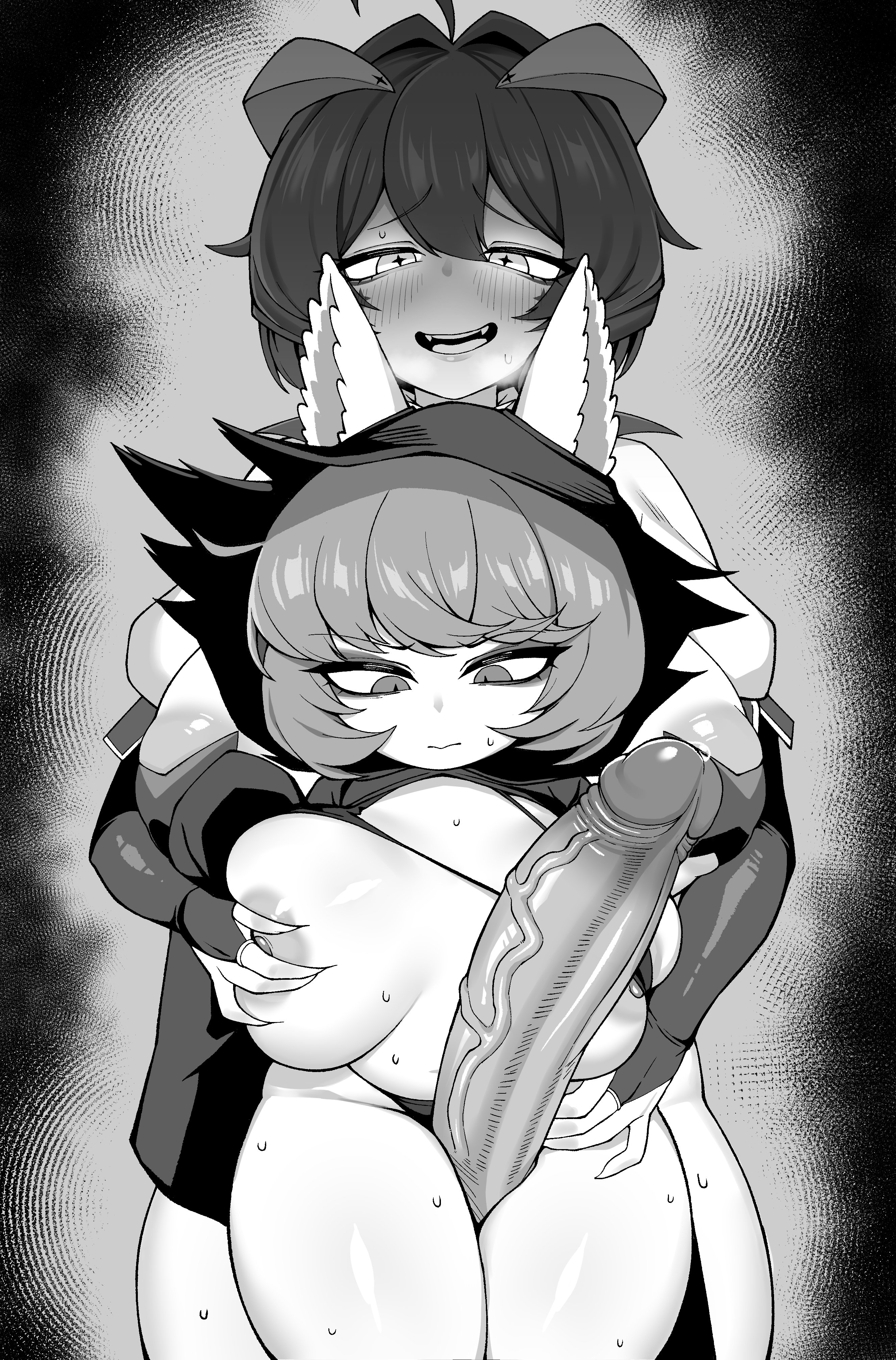 awan raccoon, magia baiser, vex (league of legends), league of legends, mahou shoujo ni akogarete, absurdres, highres, 2girls, ahoge, areola slip, blush, breasts, bridal gauntlets, closed mouth, cross, cross-shaped pupils, cross pasties, erection, futa with female, futanari, grabbing another's breast, grabbing from behind, greyscale, groping, hood, hood up, horns, huge breasts, huge penis, monochrome, multiple girls, nipples, open mouth, pasties, penis, precum, smile, symbol-shaped pupils, thigh sex, uncensored, veins, veiny penis