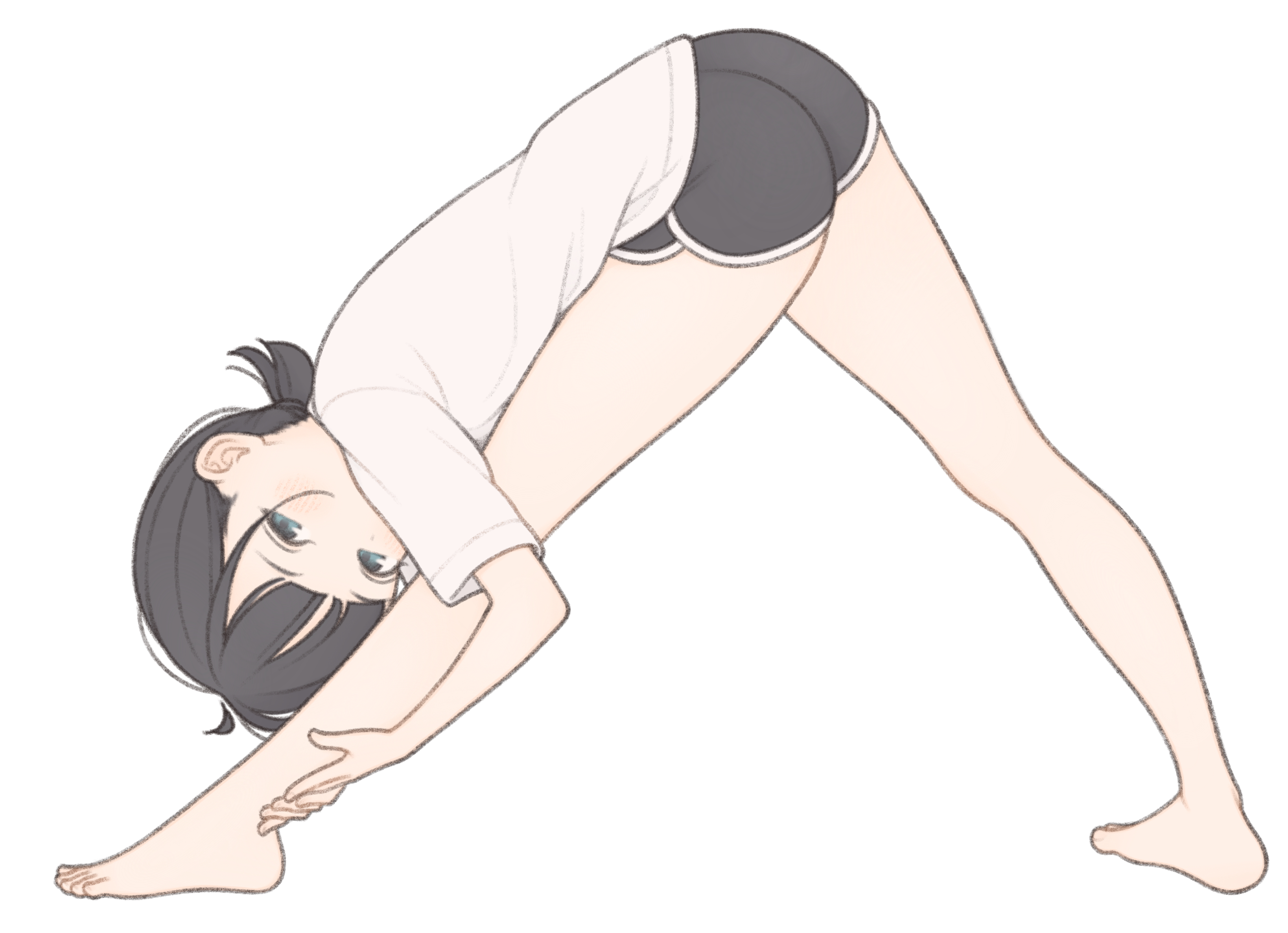 1ssakawaguchi, ichika (1ssakawaguchi), original, frontbend, absurdres, highres, 1girl, ahoge, ass, barefoot, black shorts, brown hair, dolphin shorts, from side, full body, grey eyes, legs, looking at viewer, ponytail, shirt, short hair, short ponytail, short shorts, short sleeves, shorts, simple background, solo, t-shirt, toes, white background, white shirt