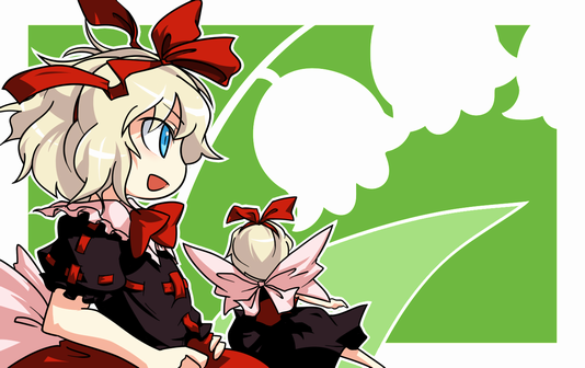 iyau, medicine melancholy, su-san, touhou, 1girl, :d, blonde hair, border, bow, bowtie, fairy, fairy wings, female focus, flower, flying, from side, green background, hair bow, hairband, long sleeves, open mouth, profile, puffy short sleeves, puffy sleeves, red bow, red bowtie, ribbon, short hair, short sleeves, sideways mouth, silhouette, simple background, size difference, smile, solo, wings