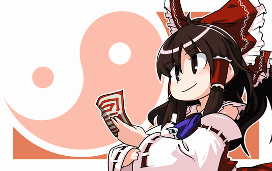 iyau, hakurei reimu, phantasmagoria of flower view, touhou, 1girl, black eyes, bow, brown hair, detached sleeves, female focus, hair bow, japanese clothes, miko, ofuda, solo, upper body, yin yang