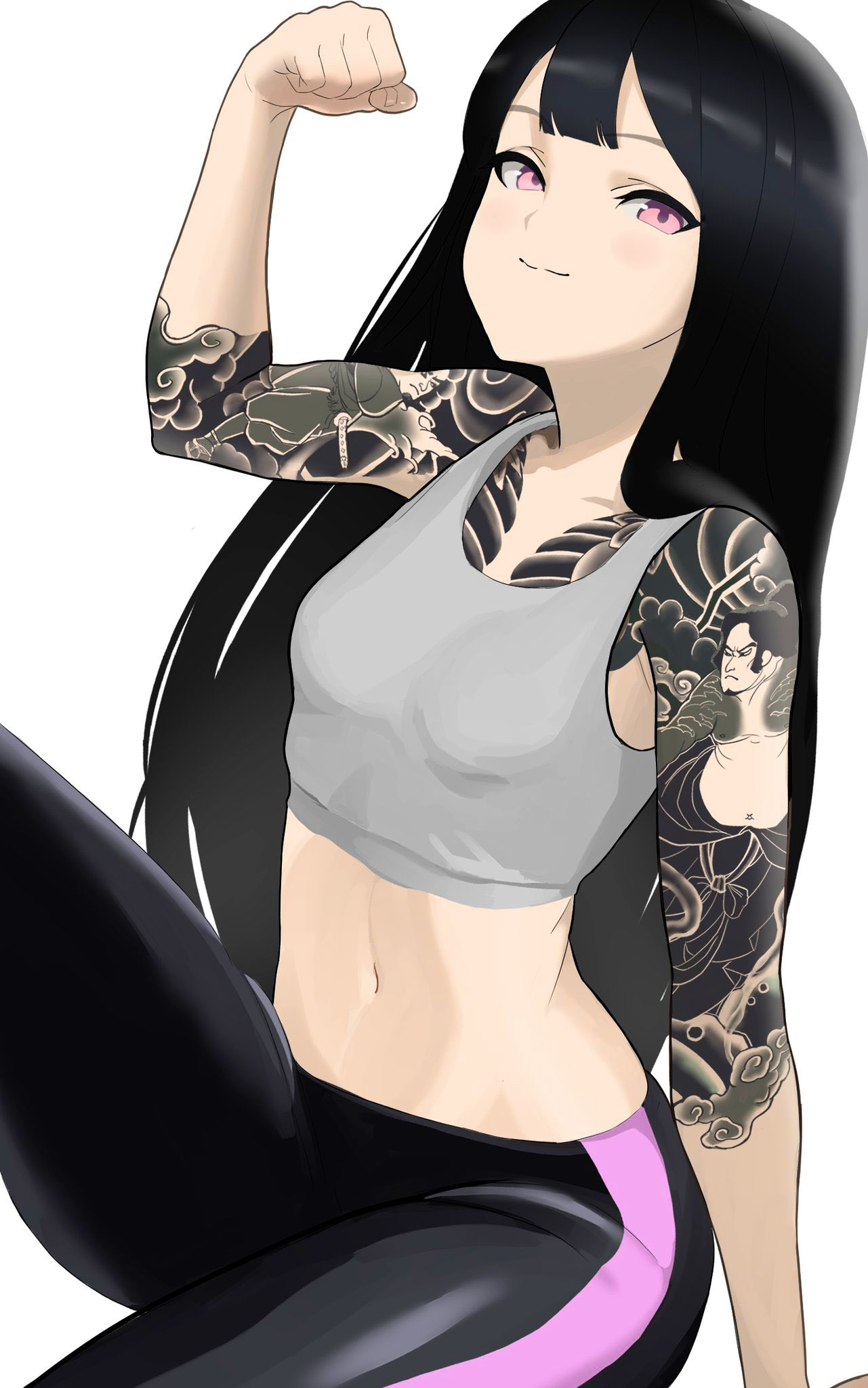 hiroto (x0adg), original, commentary request, highres, 1girl, arm tattoo, arm up, black hair, black pants, breasts, clenched hand, closed mouth, fingernails, flexing, grey sports bra, long hair, midriff, navel, pants, pink eyes, shoulder tattoo, simple background, sitting, smile, solo, sports bra, tattoo, white background
