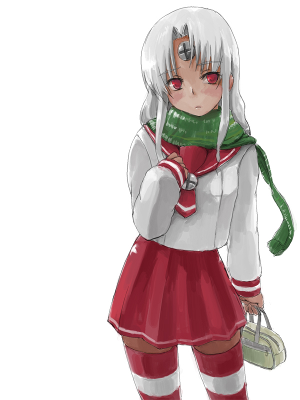 gao (pixiv9141), vista-tan, vistake, os-tan, silver hair, 1girl, bag, blush, dark-skinned female, dark skin, female focus, green scarf, long hair, red eyes, scarf, school uniform, serafuku, simple background, solo, striped clothes, striped thighhighs, thighhighs, white background