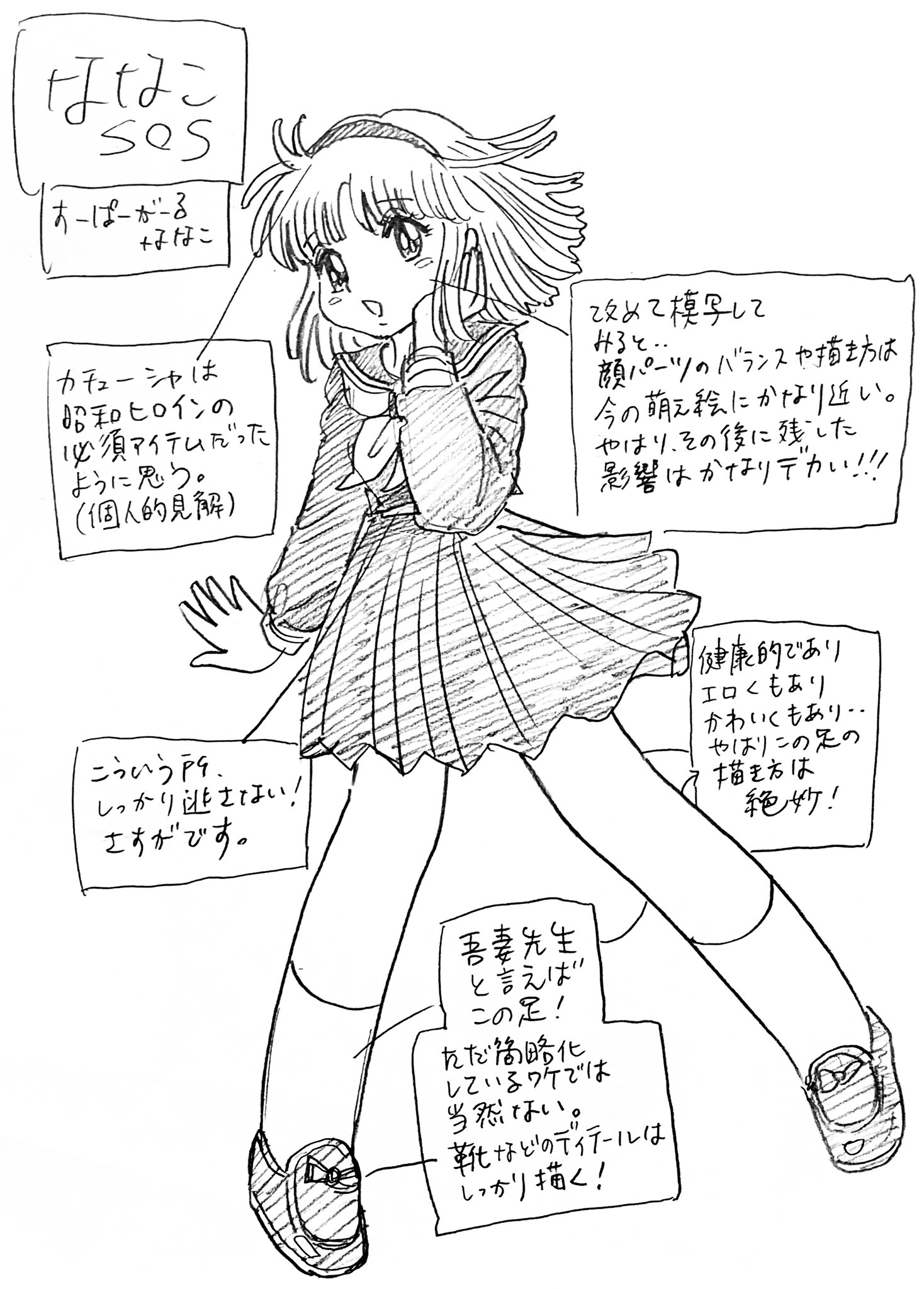 azuma hideo, nanako (nanako sos), highres, 1girl, greyscale, holding, jun watanabe, monochrome, reference sheet, sketch