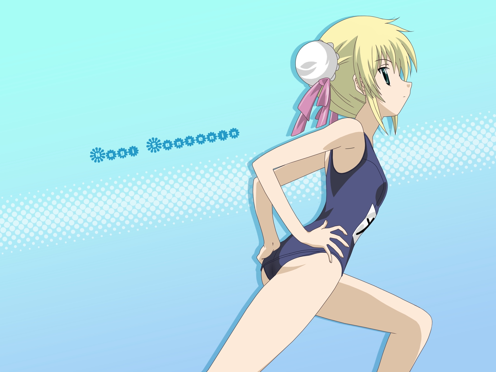 sanzen'in nagi, hayate no gotoku!, highres, 00s, 1girl, blonde hair, bun cover, double bun, female focus, hair bun, name tag, one-piece swimsuit, school swimsuit, solo, stretching, swimsuit