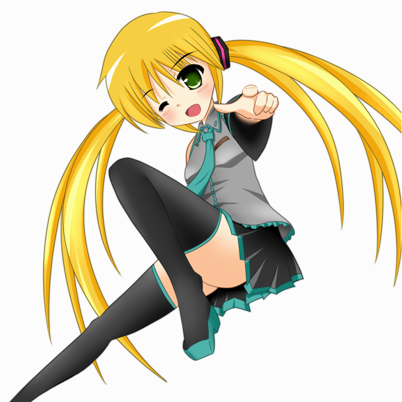 shuu (sm), hatsune miku, sanzen'in nagi, hayate no gotoku!, vocaloid, blonde hair, cosplay, green eyes, hatsune miku (cosplay), long hair, necktie, one eye closed, skirt, solo, thighhighs, twintails, wink