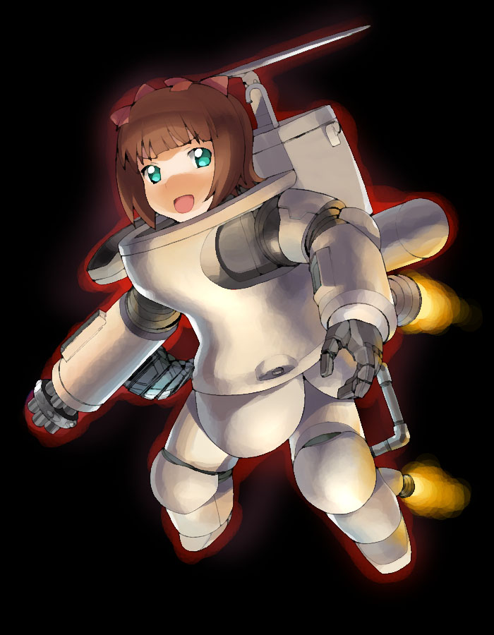 a1 (initial-g), amami haruka, safs space type fireball, idolmaster, idolmaster (classic), idolmaster 1, maschinen krieger, 00s, 1girl, arm cannon, astronaut, brown hair, female focus, gatling gun, green eyes, gun, mecha, robot, solo, spacesuit, toilet, weapon