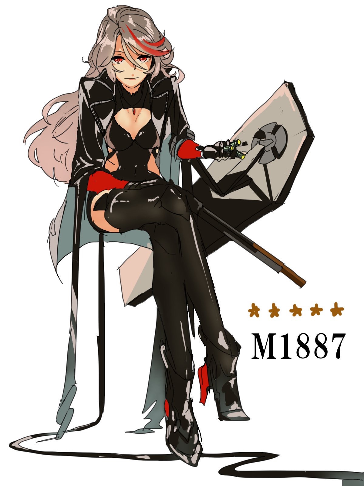 m1887 (girls' frontline), girls' frontline, highres, 1girl, black jacket, bow, breasts, brown hair, curly hair, earrings, gloves, hair between eyes, jacket, jewelry, open clothes, red eyes, sitting, smile, solo