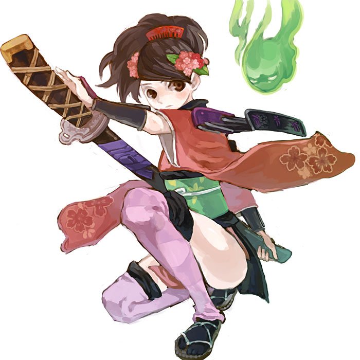 eihi, izuna jinkuro, jinkuro, momohime, oboro muramasa, vanillaware, bad id, bad pixiv id, 1girl, armor, blush, brown eyes, brown hair, cherry blossoms, comb, fighting stance, floral print, flower, foreshortening, gauntlets, ghost, hair flower, hair ornament, hitodama, japanese armor, japanese clothes, katana, kimono, kneeling, kote, kurokote, ninja, on one knee, pale skin, ready to draw, sandals, sheath, sheathed, short kimono, shoulder armor, simple background, sode, spirit, squatting, sword, thighhighs, weapon