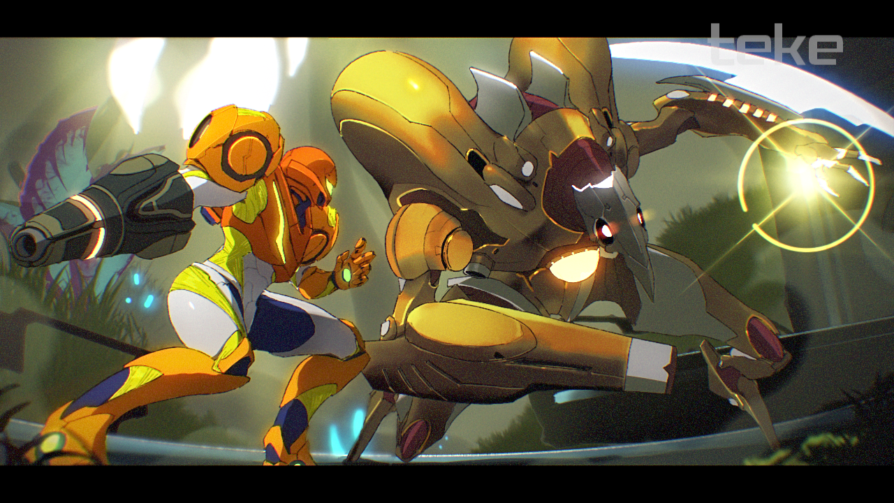 teke, robot chozo soldier, samus aran, metroid, metroid dread, nintendo, 1girl, arm cannon, armor, green visor, power suit (metroid), red eyes, shoulder armor, shoulder blades, varia suit, weapon