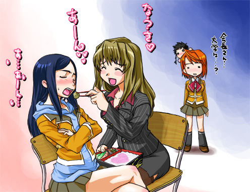 fujino shizuru, kuga natsuki, nina wang, tokiha mai, my-hime, lowres, non-web source, translation request, 00s, 4girls, alternate costume, arms behind back, bare legs, bento, black skirt, black socks, blush, brown skirt, brown thighhighs, chair, chopsticks, closed eyes, couple, crossed arms, crossed legs, eating, eyebrows hidden by hair, feeding, food, formal clothes, hair intakes, heart, jacket, long hair, long sleeves, looking at another, miniskirt, multiple girls, neck, o o, office lady, open mouth, orange shirt, pencil skirt, pleated skirt, school uniform, serafuku, shirt, short hair, short sleeves, side slit, sidelocks, sitting, skirt, skirt suit, socks, standing, straight hair, suit, sweatdrop, swept bangs, thighhighs, yuri