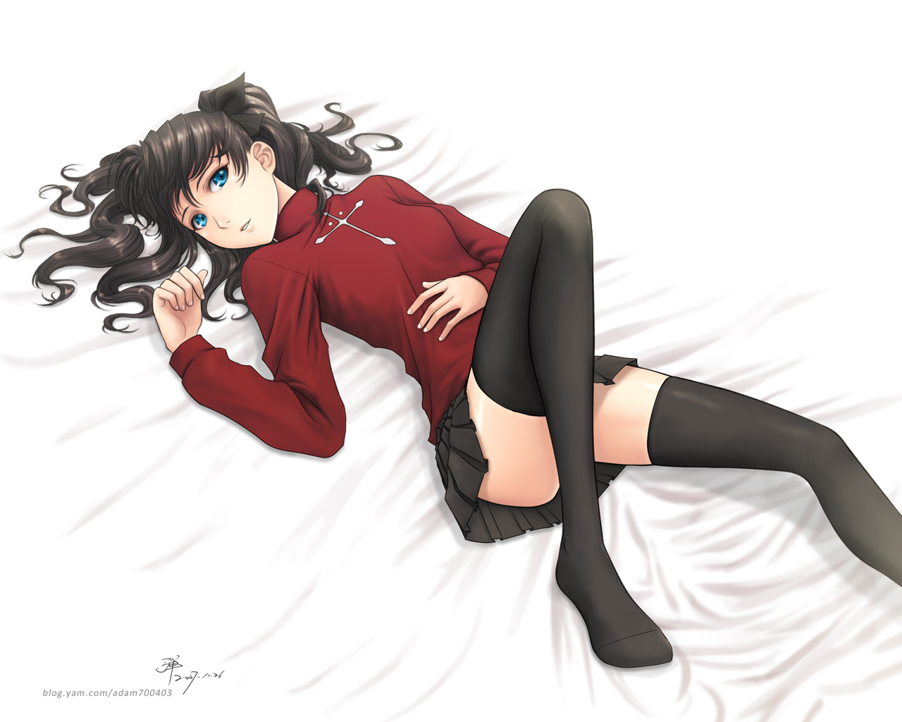dan (kumadan), tohsaka rin, fate/stay night, fate (series), 00s, 1girl, bed, black hair, black thighhighs, blue eyes, breasts, dated, feet, female focus, legs, long legs, lying, miniskirt, skirt, small breasts, solo, thighhighs, turtleneck, twintails, two side up, watermark, web address, zettai ryouiki