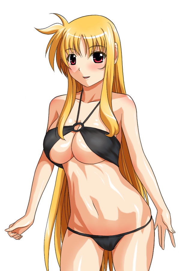 yuuki1103, fate testarossa, lyrical nanoha, mahou shoujo lyrical nanoha, mahou shoujo lyrical nanoha strikers, 00s, 1girl, ahoge, bikini, black bikini, blonde hair, blush, breasts, female focus, large breasts, long hair, red eyes, solo, swimsuit, underboob, very long hair