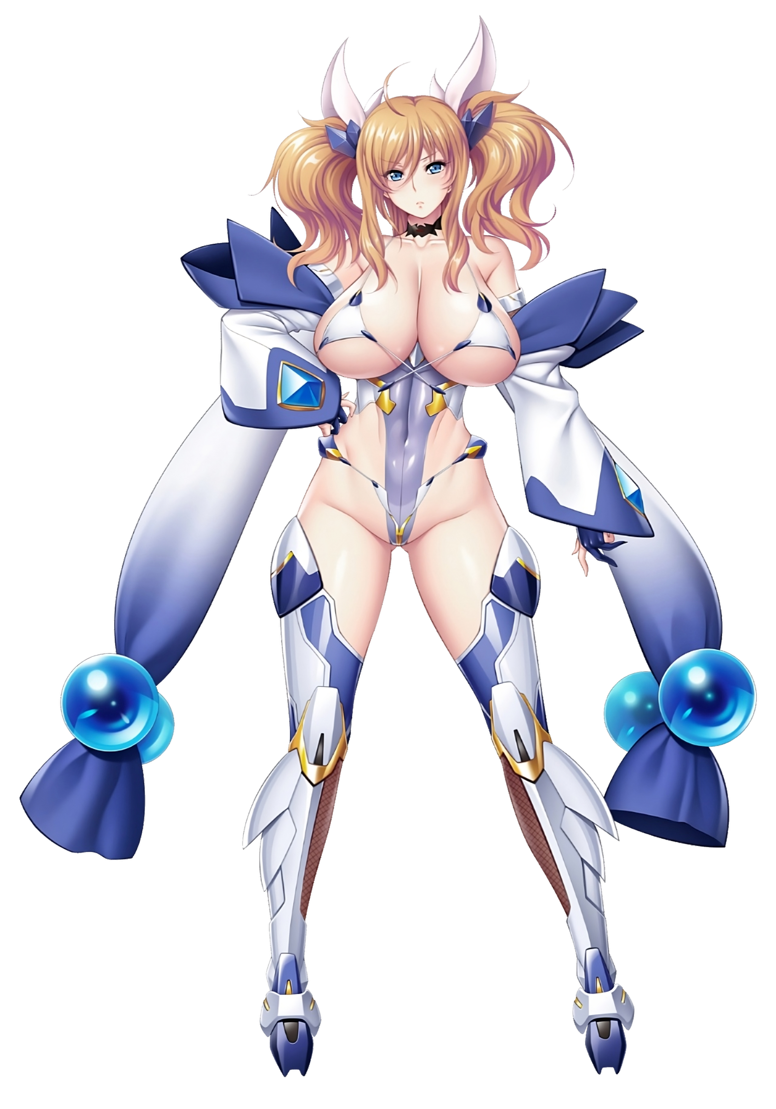 aoi nagisa (metalder), onizaki kirara, taimanin (series), taimanin rpgx, absurdres, highres, official art, 1girl, bare shoulders, blonde hair, blue eyes, breasts, choker, closed mouth, collarbone, covered navel, curvy, female focus, full body, hair ornament, hand on own hip, highleg, highleg leotard, impossible clothes, large breasts, leotard, lips, long hair, looking at viewer, revealing clothes, shiny clothes, shiny skin, simple background, solo, thighhighs, thong leotard, transparent background, twintails, two side up, wide hips, wide sleeves