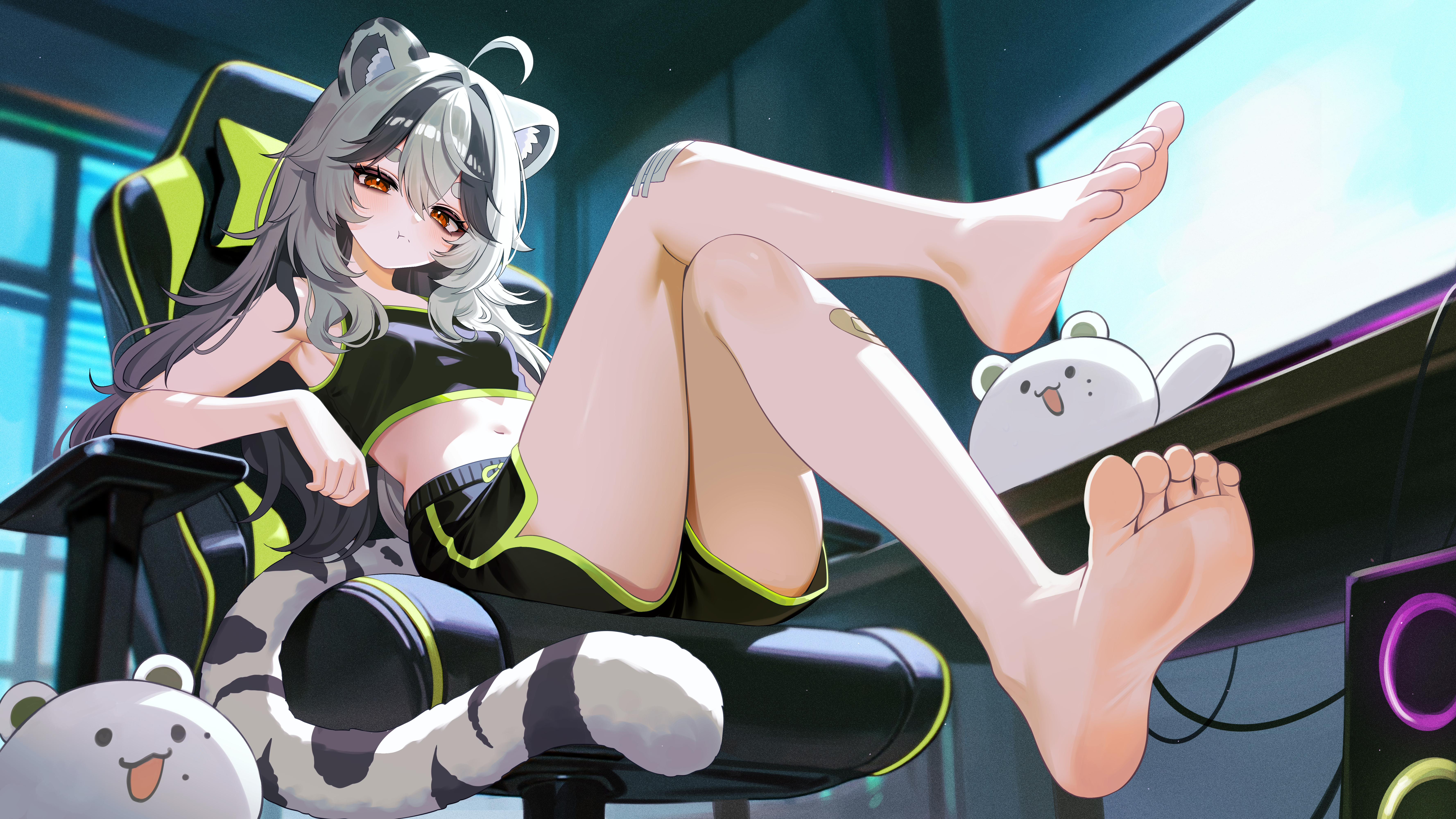 iyusei 02, indie virtual youtuber, absurdres, character request, commentary, highres, 1girl, :t, animal ears, armpits, bandaid, bandaid on knee, bandaid on leg, bare arms, bare legs, bare shoulders, barefoot, black hair, black shirt, black shorts, breasts, chair, closed mouth, crop top, crossed legs, dolphin shorts, feet, gaming chair, indoors, legs up, long hair, looking at viewer, midriff, monitor, multicolored hair, navel, pout, red eyes, shirt, short shorts, shorts, sleeveless, sleeveless shirt, small breasts, soles, solo, stomach, swivel chair, tail, thick eyebrows, thighs, tiger ears, tiger girl, tiger tail, toes, two-tone hair, virtual youtuber, white hair