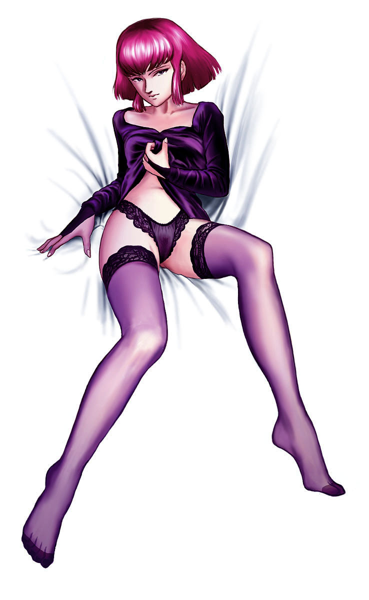 python (snake legs), haman karn, gundam, zeta gundam, highres, 1girl, female focus, haman khan, long legs, panties, purple hair, short hair, simple background, solo, thighhighs, underwear, white background