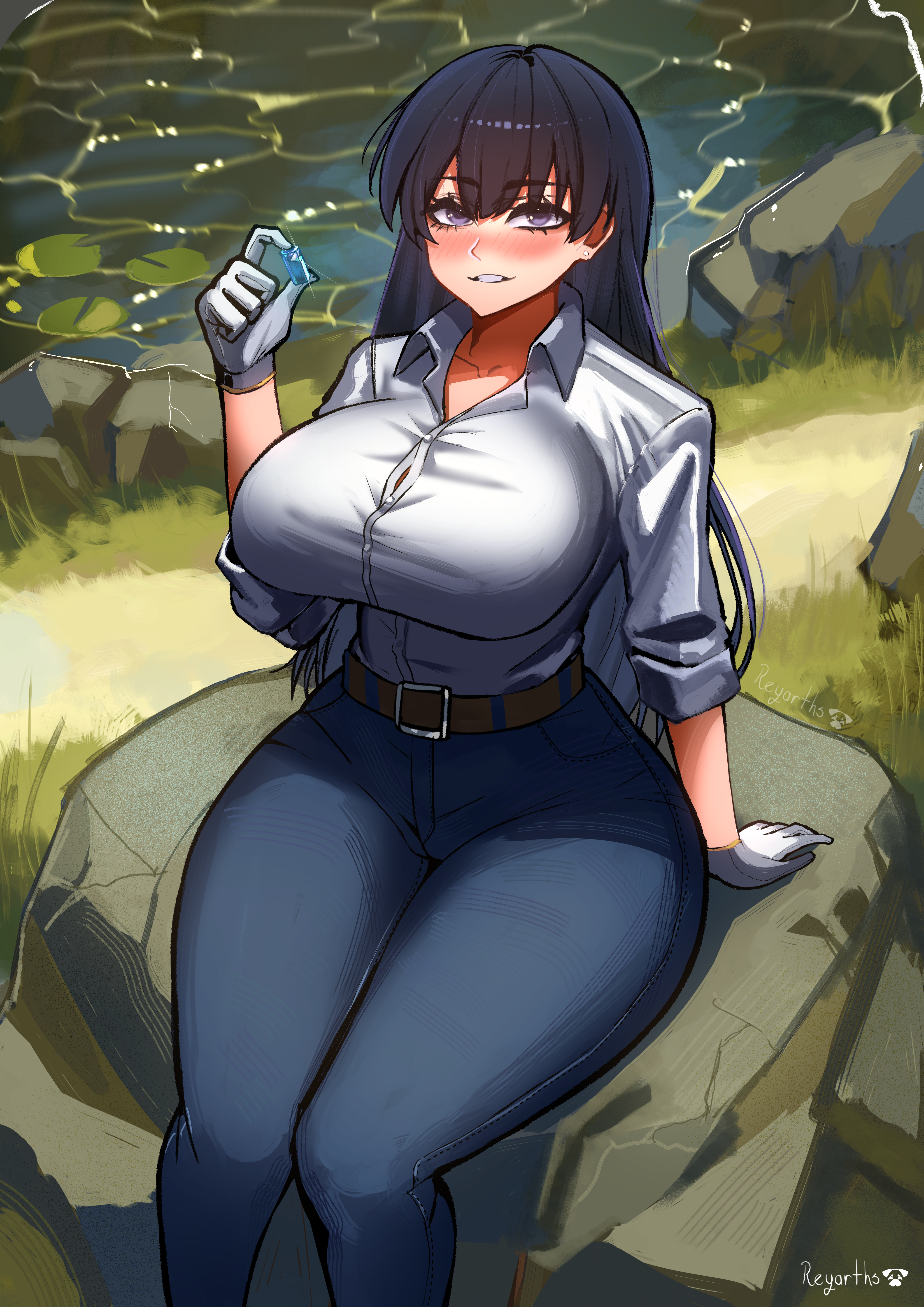 reyarths, arato nagi, ruri no houseki, absurdres, highres, 1girl, belt, black hair, blue gemstone, blue pants, blush, breasts, collared shirt, crystal, curvy, ear piercing, earrings, gem, gloves, grass, grin, holding, holding crystal, impossible clothes, impossible shirt, jewelry, long hair, looking at viewer, pants, piercing, purple eyes, river, rock, shirt, sidelocks, sitting, sleeves rolled up, smile, solo, stud earrings, taut clothes, taut shirt, thick thighs, thighs, white gloves, white shirt