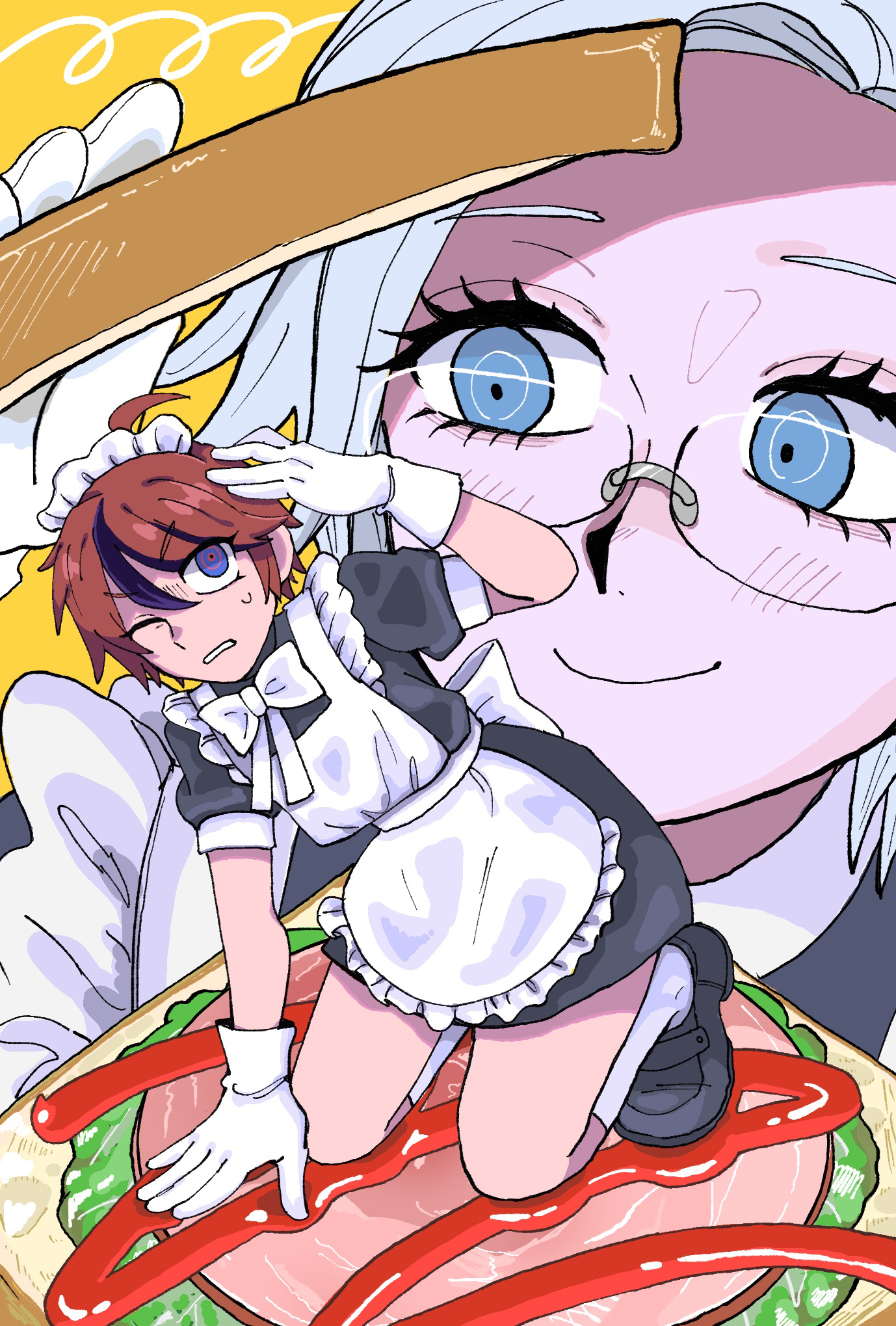 muro (nrvc5252), aotsuki eito, sumino takumi, the hundred line -last defense academy-, highres, 2boys, ahoge, alternate costume, apron, black dress, black shoes, black streaks, blue eyes, bow, bowtie, bread, bread slice, crossdressing, crossdressing (mtf), dress, enmaided, food, frills, giant, glasses, grey hair, ham, hand on own head, holding, holding food, ketchup, kneeling, lettuce, looking at another, looking up, maid, maid apron, maid headdress, male focus, male maid, multicolored hair, multiple boys, on food, red hair, sandwich, shoes, short hair, size difference, smile, socks, streaked hair, white apron, white bow, white bowtie, white socks