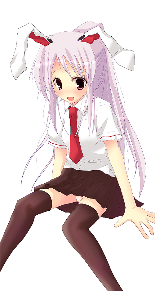 rikudou inuhiko, reisen udongein inaba, touhou, 1girl, alternate hairstyle, animal ears, female focus, long hair, necktie, panties, pantyshot, ponytail, purple hair, rabbit ears, red necktie, skirt, solo, thighhighs, underwear