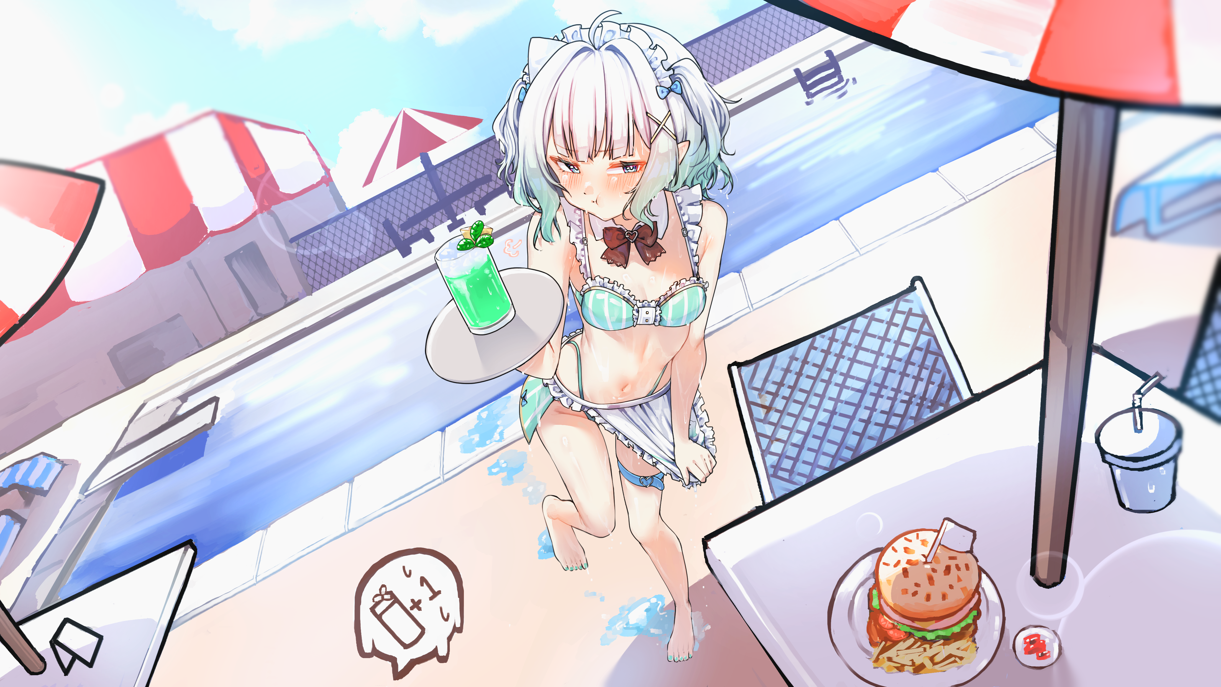 kghazir, mint fantome, indie virtual youtuber, absurdres, commentary, commission, english commentary, highres, 1girl, :t, adapted costume, ahoge, apron, apron tug, aqua hair, bare legs, barefoot, beach umbrella, bikini, blue eyes, blush, breasts, burger, cup, day, disposable cup, drinking glass, dutch angle, food, frilled apron, frills, gradient hair, hair ornament, lens flare, maid, maid bikini, maid headdress, medium hair, multicolored hair, nail polish, navel, outdoors, pointy ears, pool, pout, small breasts, solo, stomach, swimsuit, thigh strap, toenail polish, toenails, tray, umbrella, unconventional maid, virtual youtuber, waist apron, water, white apron, white hair, x hair ornament