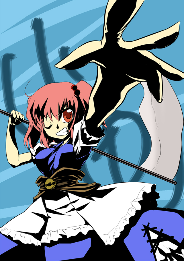 yoshi tama, onozuka komachi, touhou, 1girl, breasts, female focus, ghost, red hair, scythe, short hair, solo, standing