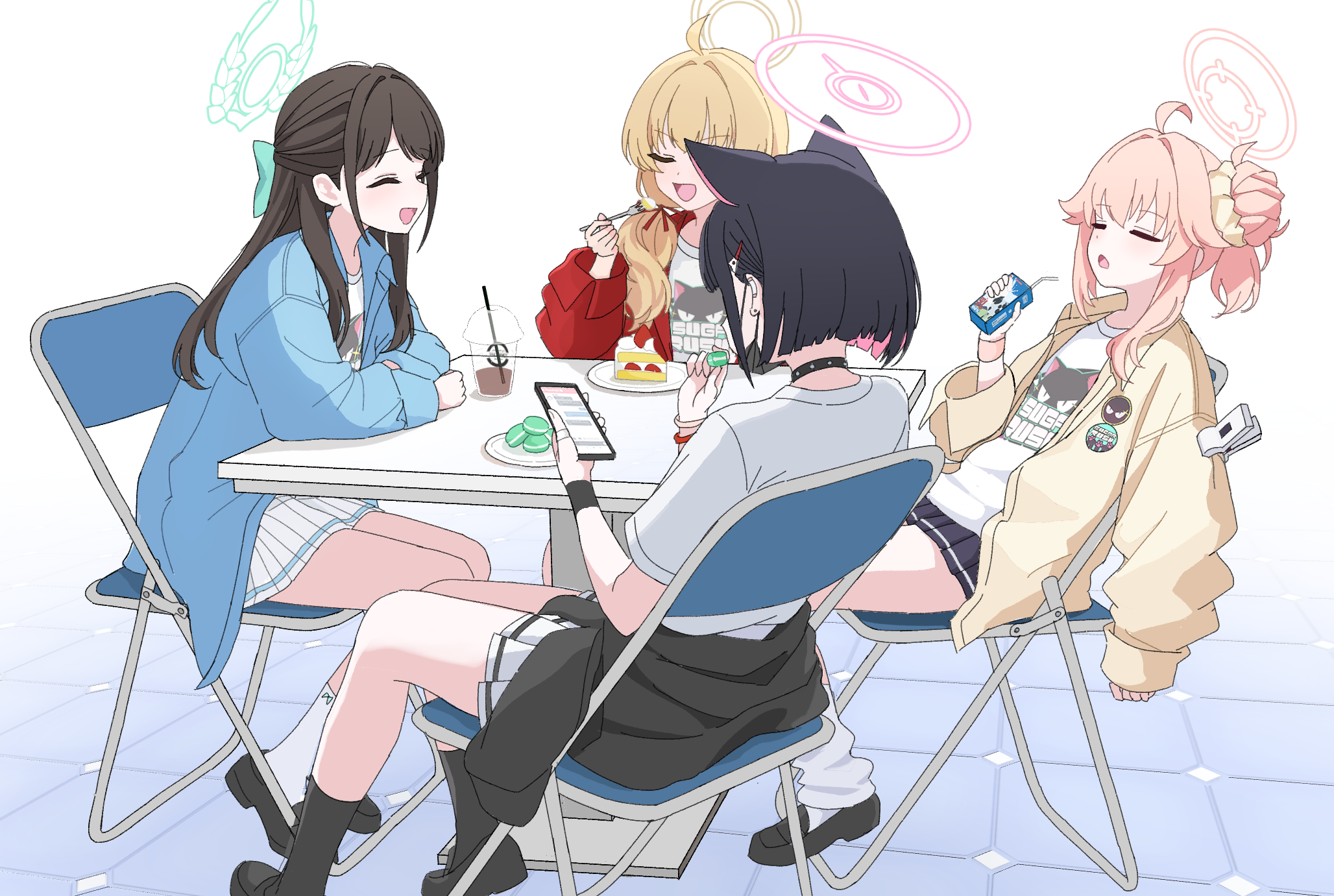 nakaoka ramu, airi (band) (blue archive), airi (blue archive), kazusa (band) (blue archive), kazusa (blue archive), natsu (band) (blue archive), natsu (blue archive), yoshimi (band) (blue archive), yoshimi (blue archive), blue archive, highres, 4girls, after-school sweets club (blue archive), animal ears, blonde hair, blue jacket, cake, cake slice, cat ears, cellphone, chair, closed eyes, clothes around waist, eating, extra ears, food, green halo, halo, holding, holding carton, holding phone, jacket, jacket around waist, long hair, long sleeves, mask, mask pull, mouth mask, multiple girls, on chair, open mouth, phone, pink hair, red jacket, shirt, short sleeves, sitting, skirt, smartphone, surgical mask, tail, white shirt, white skirt, yellow halo, yellow jacket