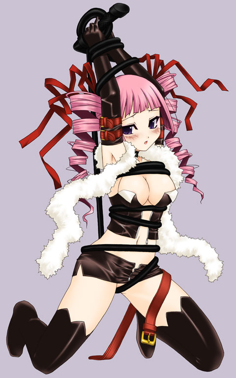 mizuna (water emp-tei), dark hunter, dark hunter (sekaiju), dark hunter 4, atlus, etrian odyssey, belt, blush, drill hair, hair ribbon, pink hair, ribbon, solo, thighhighs