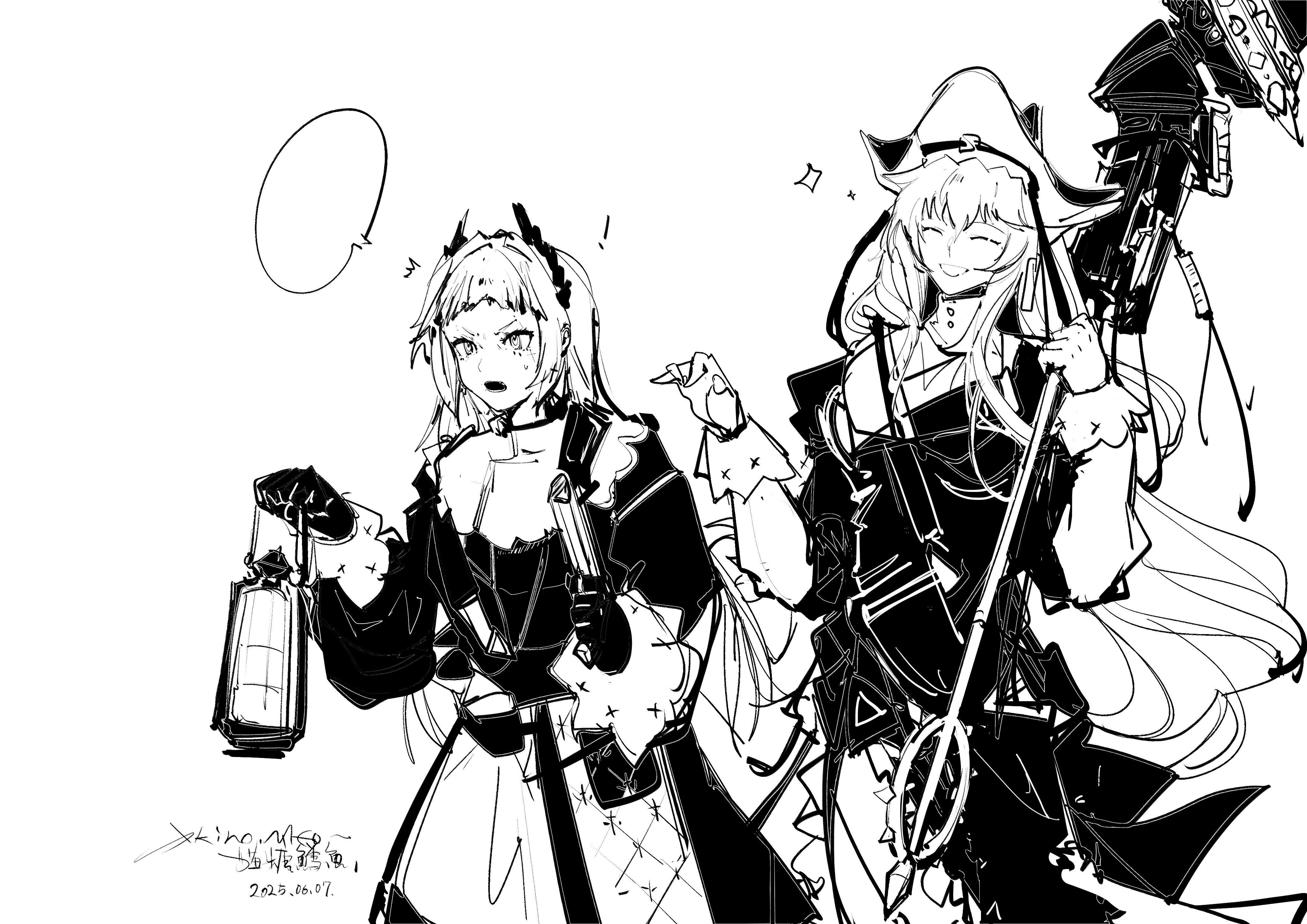 irene (arknights), specter (arknights), arknights, absurdres, chinese commentary, commentary request, highres, !, 2girls, ^^^, ^ ^, bad anatomy, bad hands, blank speech bubble, closed eyes, dated, dress, gloves, greyscale, hair between eyes, hat, holding, holding lantern, lantern, long hair, long sleeves, meoakino123, monochrome, multiple girls, open mouth, scar, scar across eye, scar on face, simple background, sketch, smile, sparkle, speech bubble, sweatdrop, white background