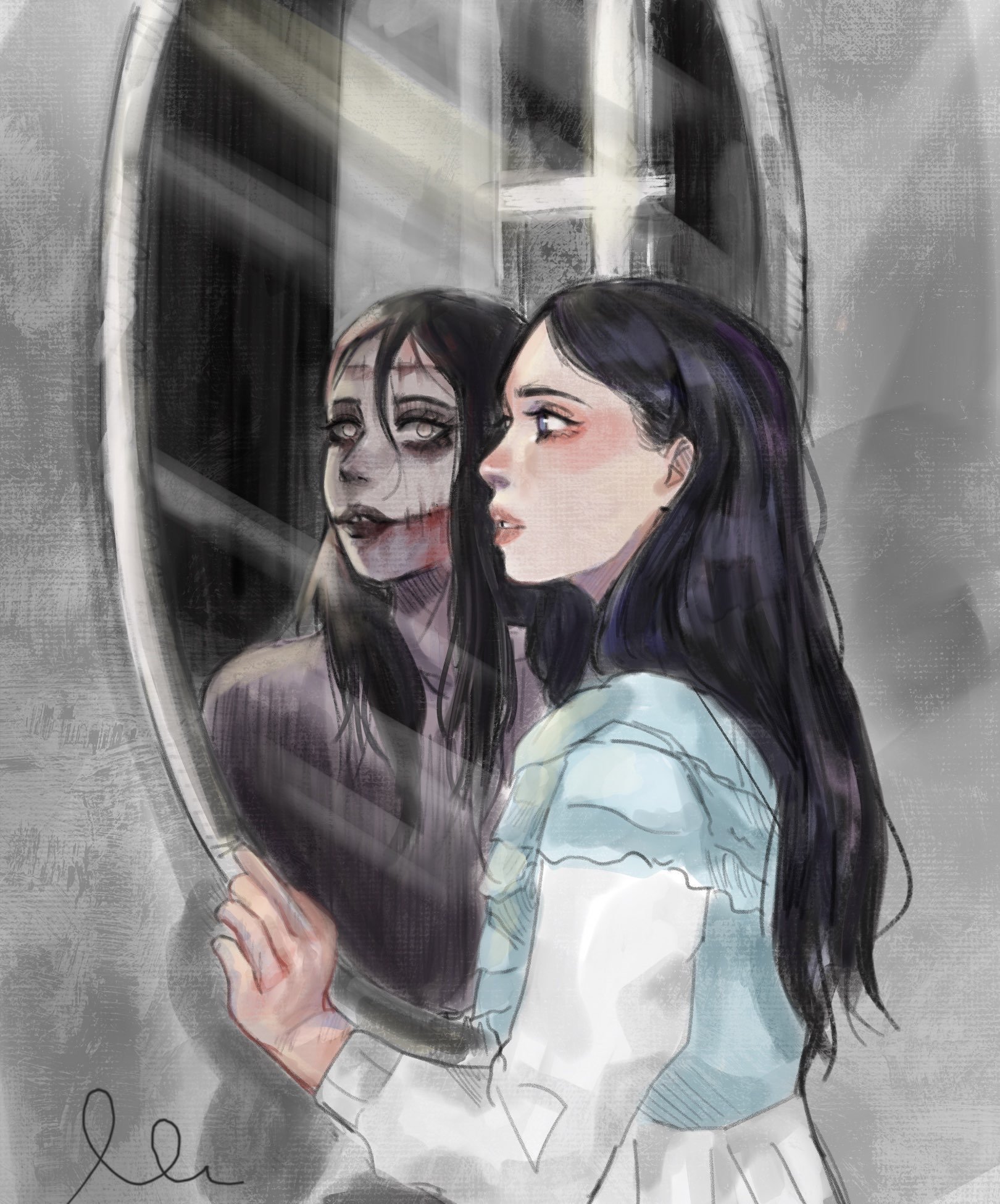 stitches (fear & hunger), fear & hunger (series), fear & hunger 2: termina, commentary, english commentary, highres, 1girl, black hair, different reflection, long hair, long sleeves, mirror, parted lips, reflection, selcouth, solo, stitched forehead, stitched mouth, stitches