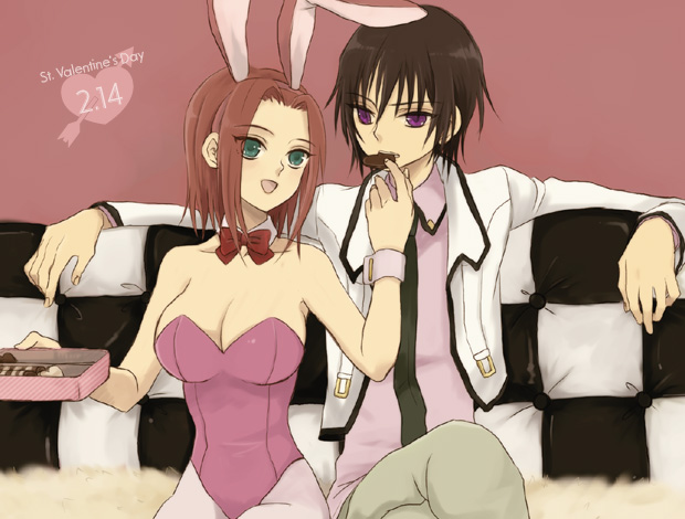 kouzuki kallen, lelouch vi britannia, code geass, 00s, 1boy, 1girl, animal ears, couple, fake animal ears, hetero, leotard, pantyhose, pink pantyhose, playboy bunny, rabbit ears