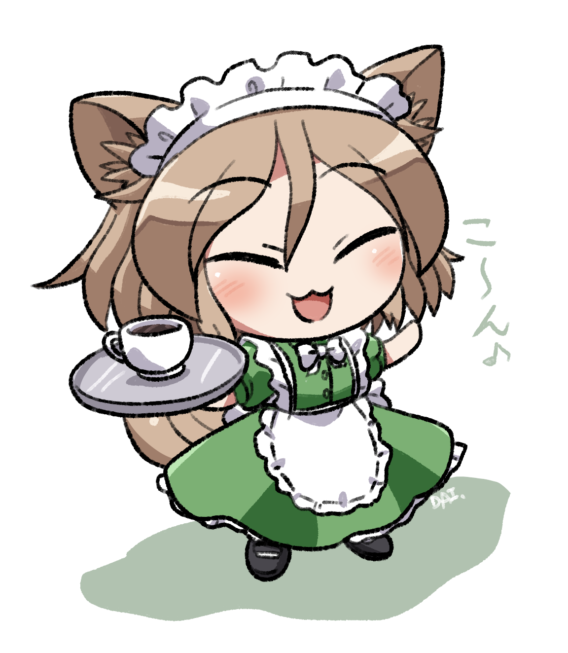 rokugou daisuke, kudamaki tsukasa, touhou, commentary, highres, 1girl, :3, :d, alternate costume, animal ear fluff, animal ears, apron, black shoes, blush, bow, bowtie, brown hair, chibi, chibi only, closed eyes, cup, dress, enmaided, fox ears, fox girl, fox tail, frilled apron, frilled dress, frills, full body, green dress, holding, holding tray, ko~n, maid, maid headdress, open mouth, shoes, short hair, short sleeves, signature, simple background, smile, solo, standing, tail, tray, white apron, white background, white bow, white bowtie