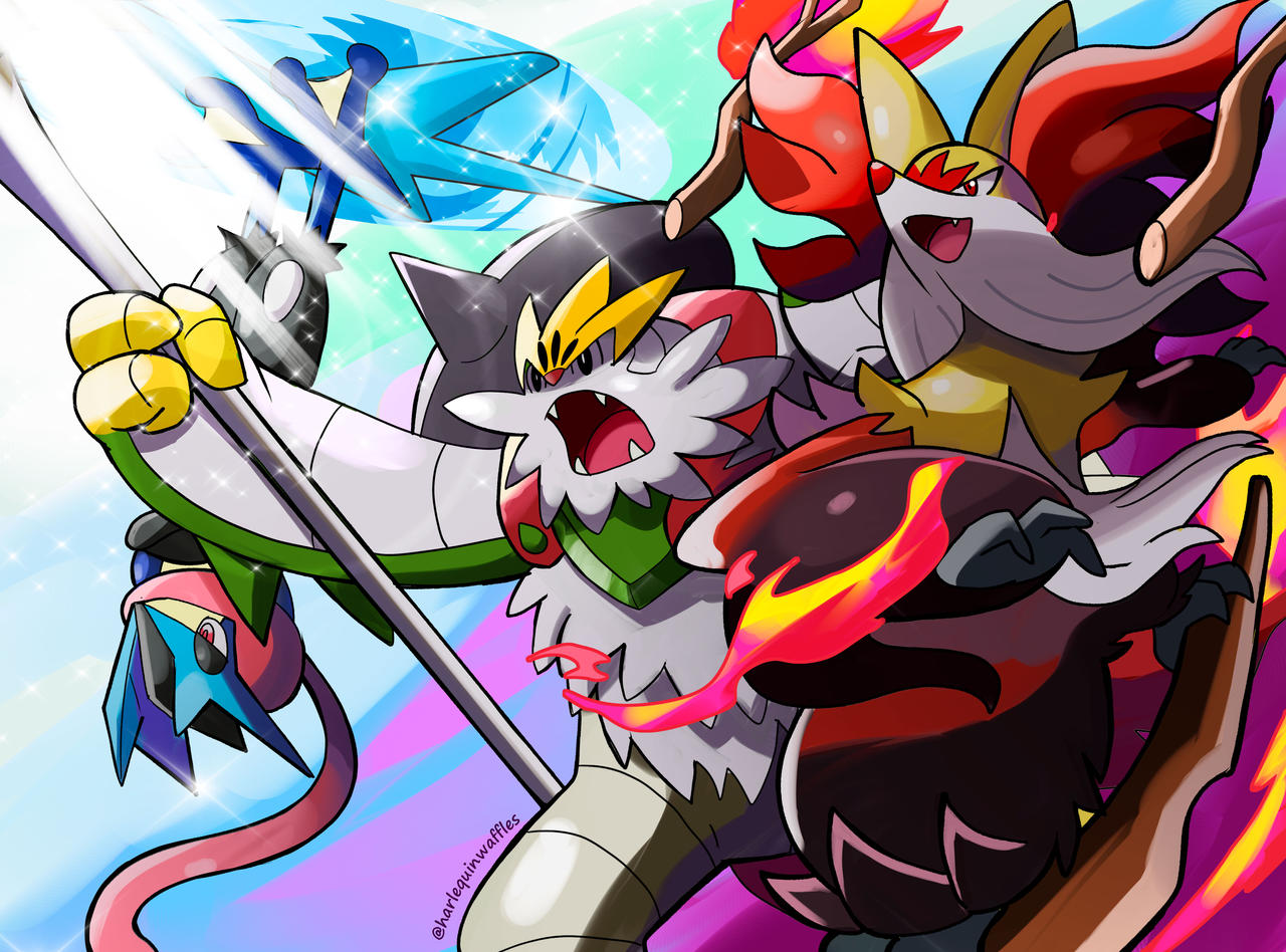 harlequinwaffles, chesnaught, delphox, greninja, mega chesnaught, mega delphox, mega greninja, nintendo, pokemon, commentary, english commentary, animal ear fluff, black eyes, bright pupils, fangs, fire, gen 6 pokemon, holding, holding weapon, long tongue, mega pokemon, open mouth, pink eyes, pokemon (creature), red eyes, smile, sparkle, starter pokemon trio, stick, tongue, upside-down, very long tongue, weapon, white pupils