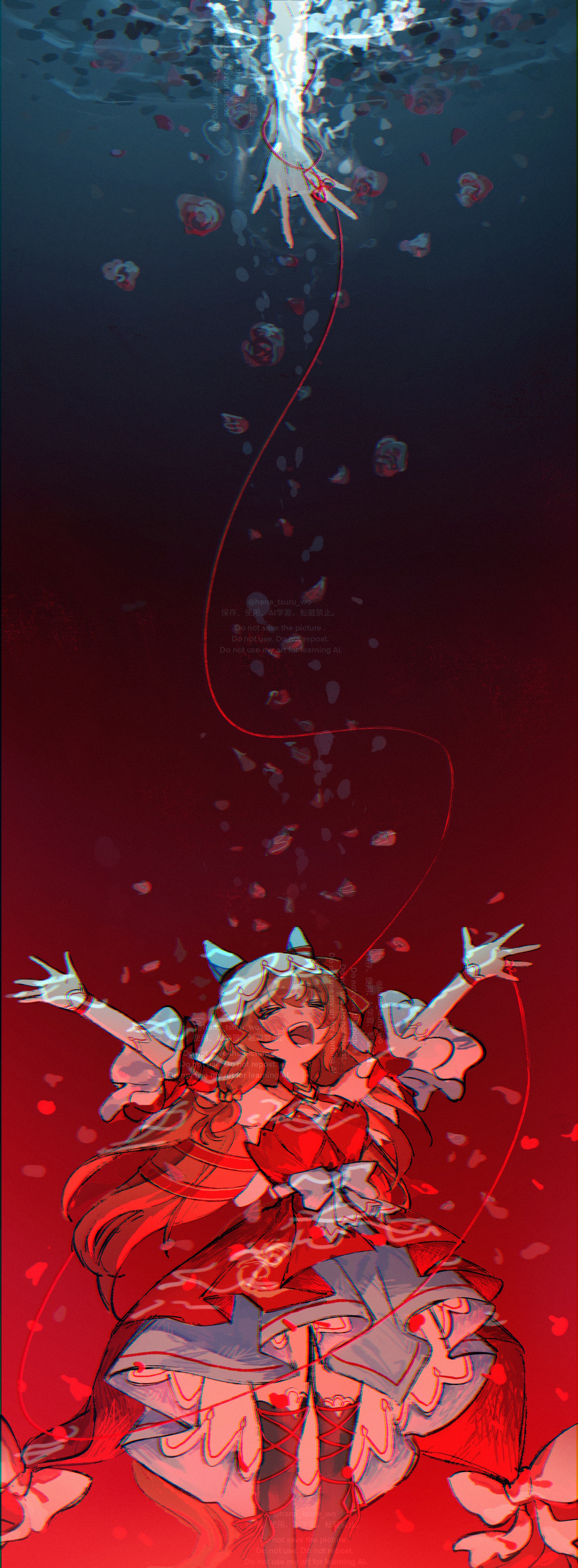 sugomori tsuru (hana tsuru wo), still in love (umamusume), umamusume, absurdres, commentary request, highres, 1girl, 1other, animal ears, arms up, blue background, blush, bow, bubble, closed eyes, dress, feet out of frame, flower, gradient background, hair bow, happy, horse ears, layered skirt, long hair, low-tied long hair, open mouth, outstretched arms, petals, reaching, red background, red dress, rose, skirt, smile, spread arms, string, string of fate, teeth, underwater, upper teeth only, veil, very long hair, watermark, white bow, white veil