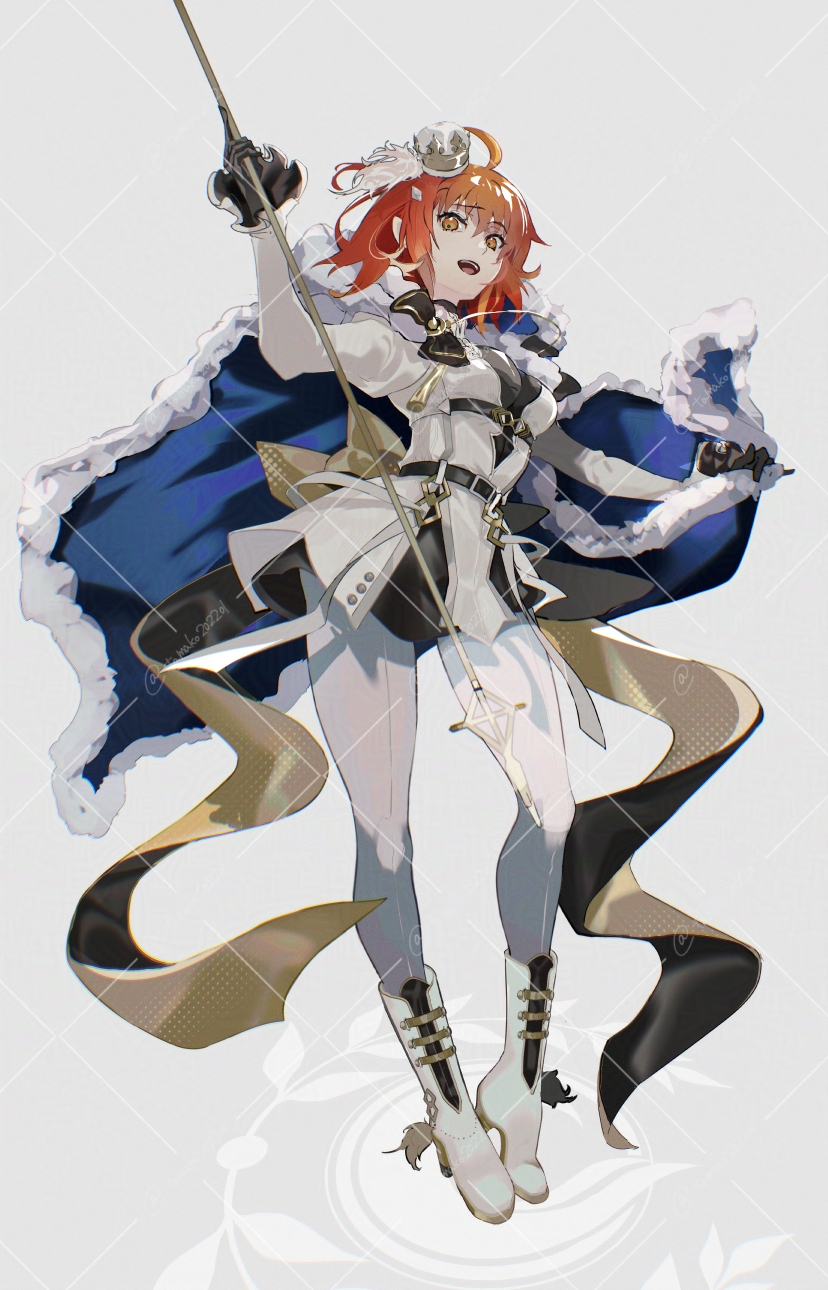 hanako (onikutabetaiyo), fujimaru ritsuka (female), fate/grand order, fate (series), highres, 1girl, ahoge, ankle boots, belt, black gloves, boots, bow, breasts, cape, chaldea logo, crown, dress, formal clothes, fujimaru ritsuka (female) (kingdom of yours), full body, fur-trimmed cape, fur trim, gloves, head tilt, holding, holding staff, hood, hooded cape, long sleeves, looking at viewer, looking down, medium breasts, official alternate costume, orange eyes, orange hair, pants, smile, solo, staff, standing, tassel, teeth, two-sided cape, two-sided fabric, upper teeth only, white pants