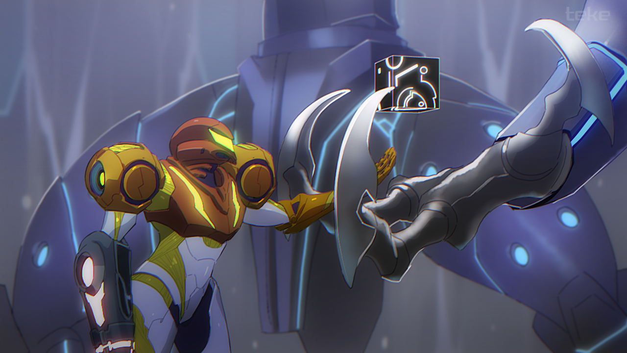 teke, chozo statue, samus aran, metroid, metroid dread, nintendo, 1girl, arm cannon, armor, claws, green visor, power suit (metroid), shoulder armor, signature, varia suit, water, waterfall, weapon