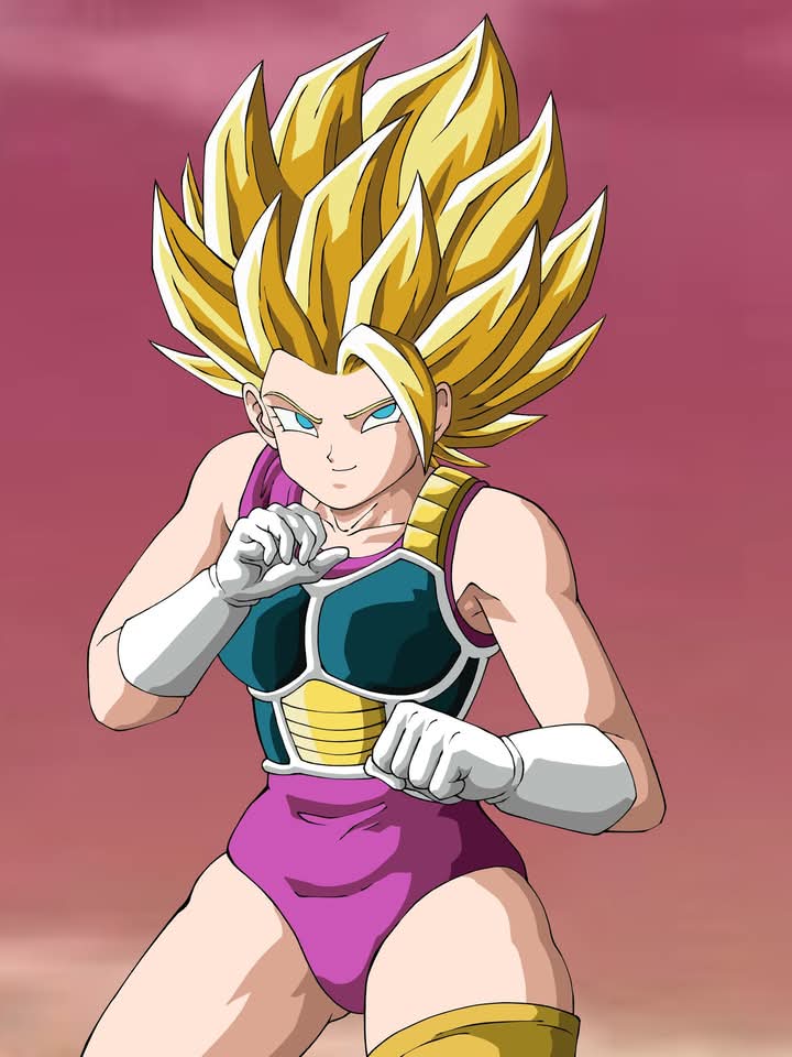 caulifla, dragon ball, dragon ball super, copyright request, black vest, blonde hair, boots, collarbone, cosplay, dragon ball gekishin squadra, fighting stance, gloves, gradient background, green eyes, hand up, leotard, looking at viewer, pink leotard, red background, saiyan armor, seripa (cosplay), smile, super saiyan, thighhighs, vest, white boots, white gloves, yellow thighhighs