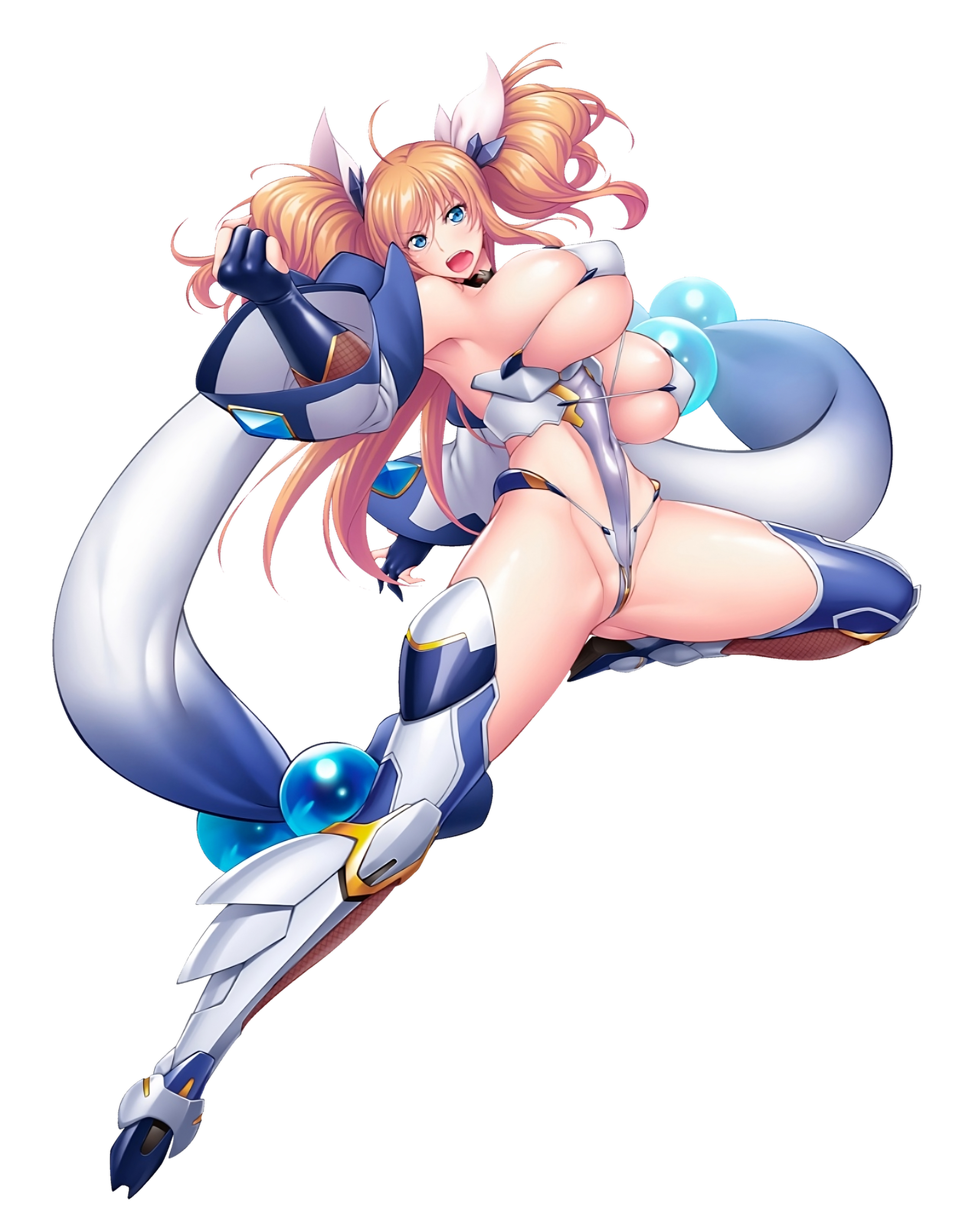 aoi nagisa (metalder), onizaki kirara, taimanin (series), taimanin rpgx, absurdres, highres, official art, 1girl, :o, armpits, bare shoulders, blonde hair, blue eyes, breasts, clenched hand, covered navel, curvy, female focus, full body, hair ornament, highleg, highleg leotard, huge breasts, impossible clothes, jumping, leg up, leotard, long hair, looking at viewer, open mouth, revealing clothes, shiny clothes, shiny skin, sideboob, simple background, solo, thighhighs, thong leotard, transparent background, twintails, wide sleeves