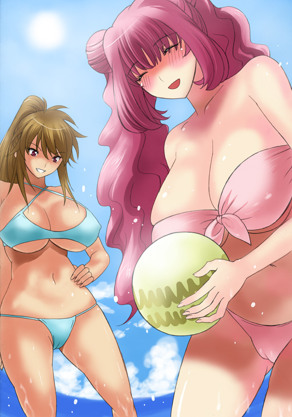 qoopie, botepuri kanda family, 2girls, ball, bare shoulders, beachball, bikini, blush, breasts, brown hair, cameltoe, cleavage, closed eyes, covered erect nipples, curvy, day, huge breasts, long hair, multiple girls, pink hair, ponytail, red eyes, smile, swimsuit, twintails, underboob, wet, wide hips