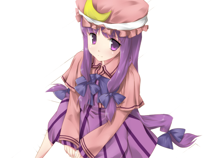 nas123, patchouli knowledge, touhou, 1girl, female focus, hat, long hair, purple hair, ribbon, sitting, solo, white background