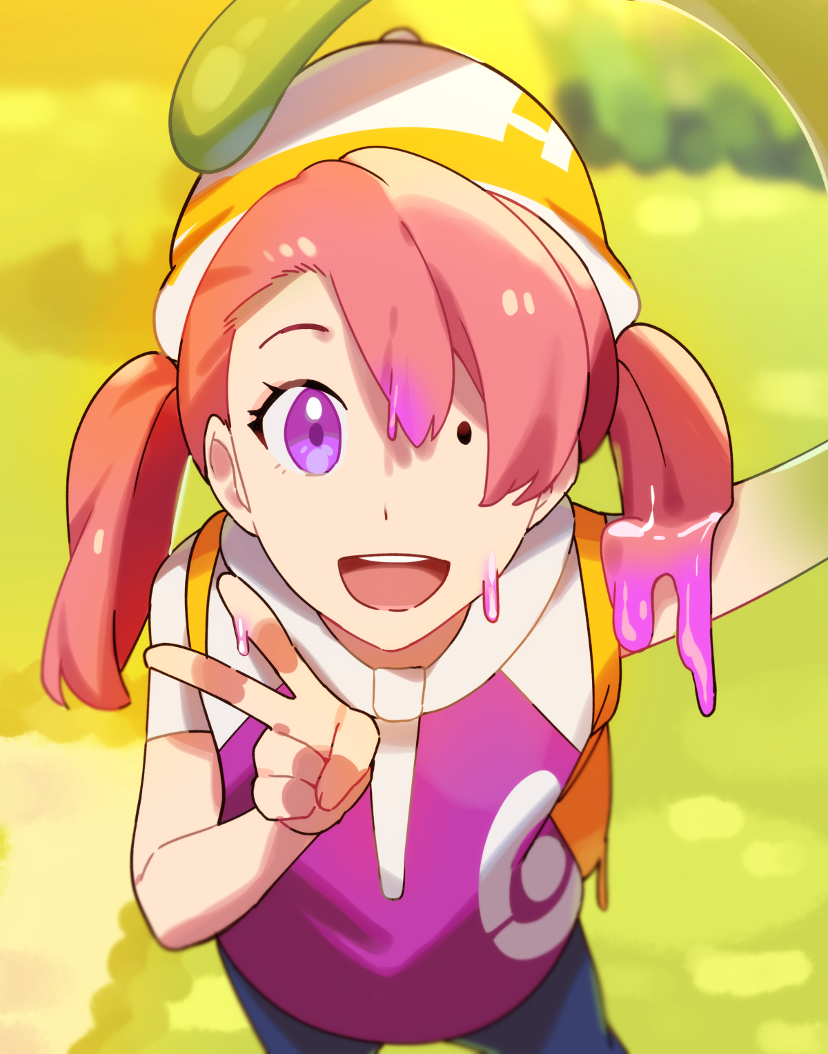 duokuma, ditto, female protagonist (pokemon pokopia), transformed ditto, nintendo, pokemon, pokemon pokopia, commentary request, highres, 1girl, :d, arm up, asymmetrical arms, asymmetrical eyes, blurry, blurry background, brown hair, dripping, eyelashes, gen 1 pokemon, hat, looking at viewer, open mouth, outdoors, pokemon (creature), pokemon focus, purple eyes, purple shirt, shirt, short sleeves, slime (substance), smile, solo, teeth, tentacles, transformation, twintails, upper teeth only, v, white hat