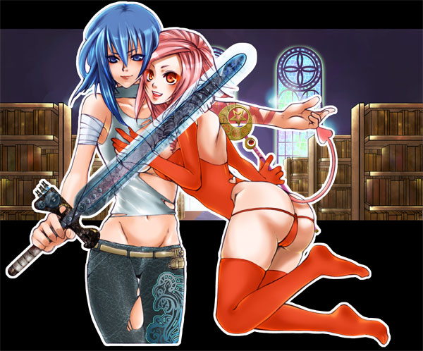 kamitani (laikaloid), 2girls, ass, bandages, breasts, butt crack, clothing cutout, heart, heart cutout, lowleg, lowleg panties, lowleg pants, midriff, multiple girls, panties, pants, sword, tail, thighhighs, underwear, weapon