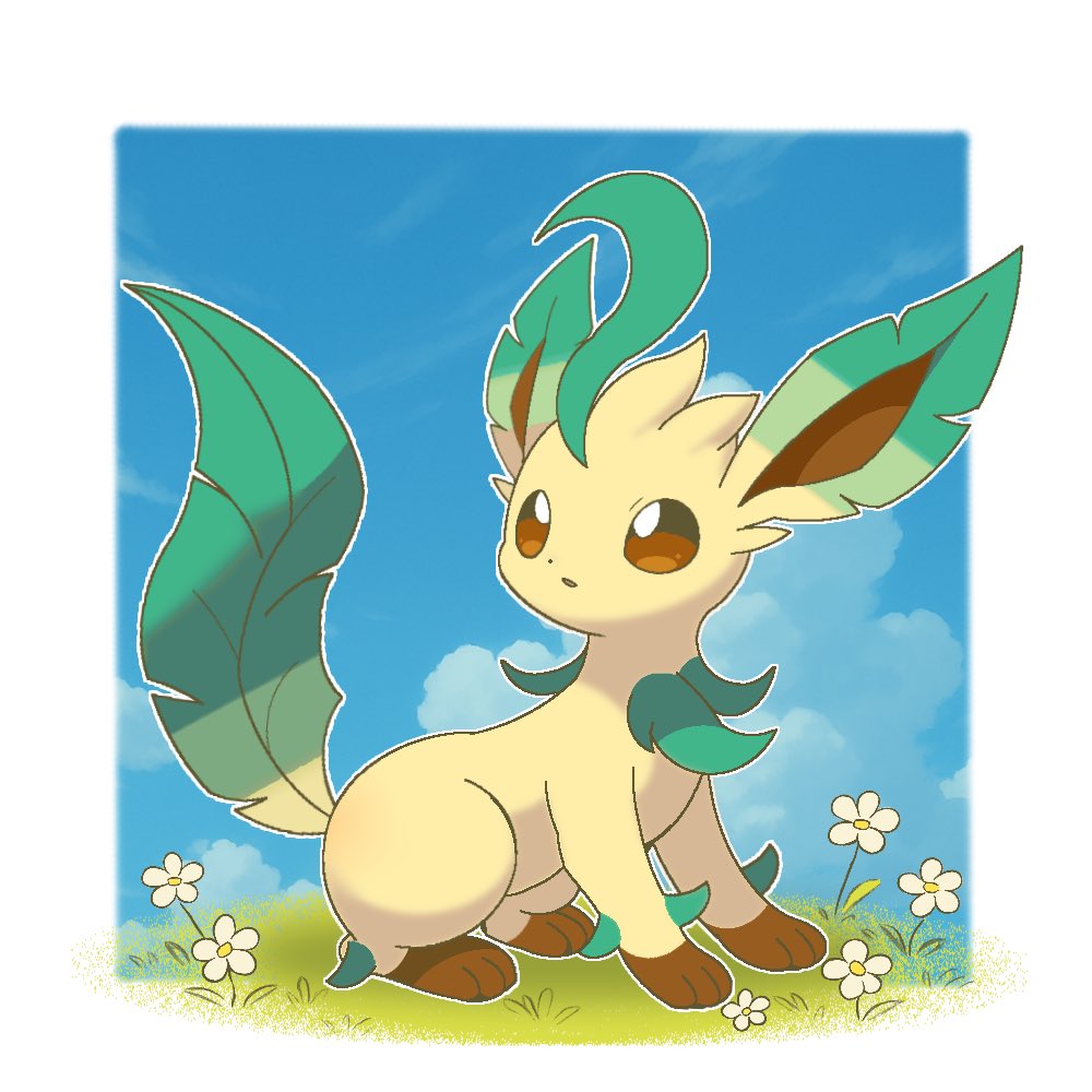 yumenomanimanix, leafeon, nintendo, pokemon, check commentary, commentary request, animal focus, brown eyes, flower, full body, gen 4 pokemon, grass, looking up, no humans, open mouth, outdoors, pokemon (creature), pokemon focus, sitting, solo