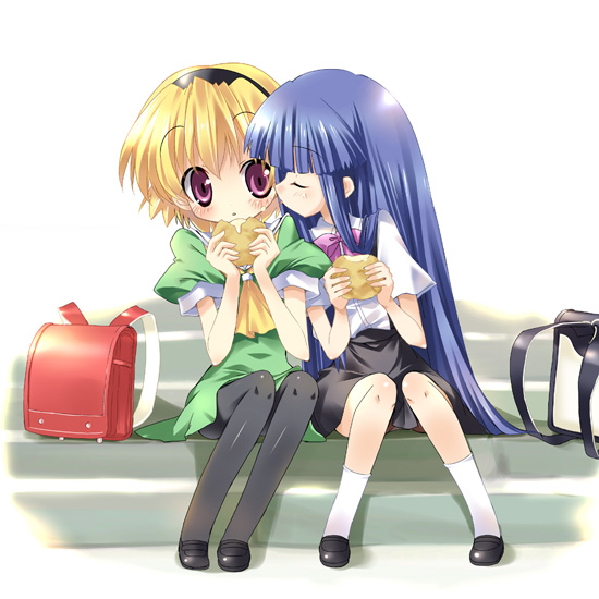 paco, furude rika, houjou satoko, higurashi no naku koro ni, 00s, 2girls, backpack, bag, blonde hair, eating, green skirt, multiple girls, pantyhose, randoseru, skirt