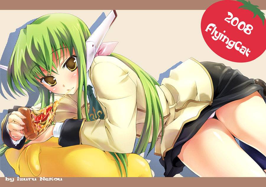 nekou izuru, c.c., cheese-kun, code geass, pizza hut, 00s, 1girl, female focus, food, panties, pantyshot, pizza, robot ears, solo, thigh gap, thighs, underwear