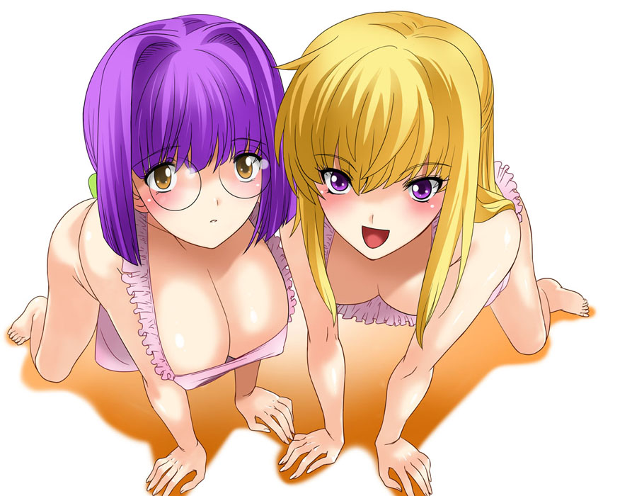 qoopie, all fours, apron, bent over, blonde hair, blush, breasts, cleavage, covered erect nipples, glasses, large breasts, naked apron, open mouth, purple eyes, purple hair, smile, yellow eyes